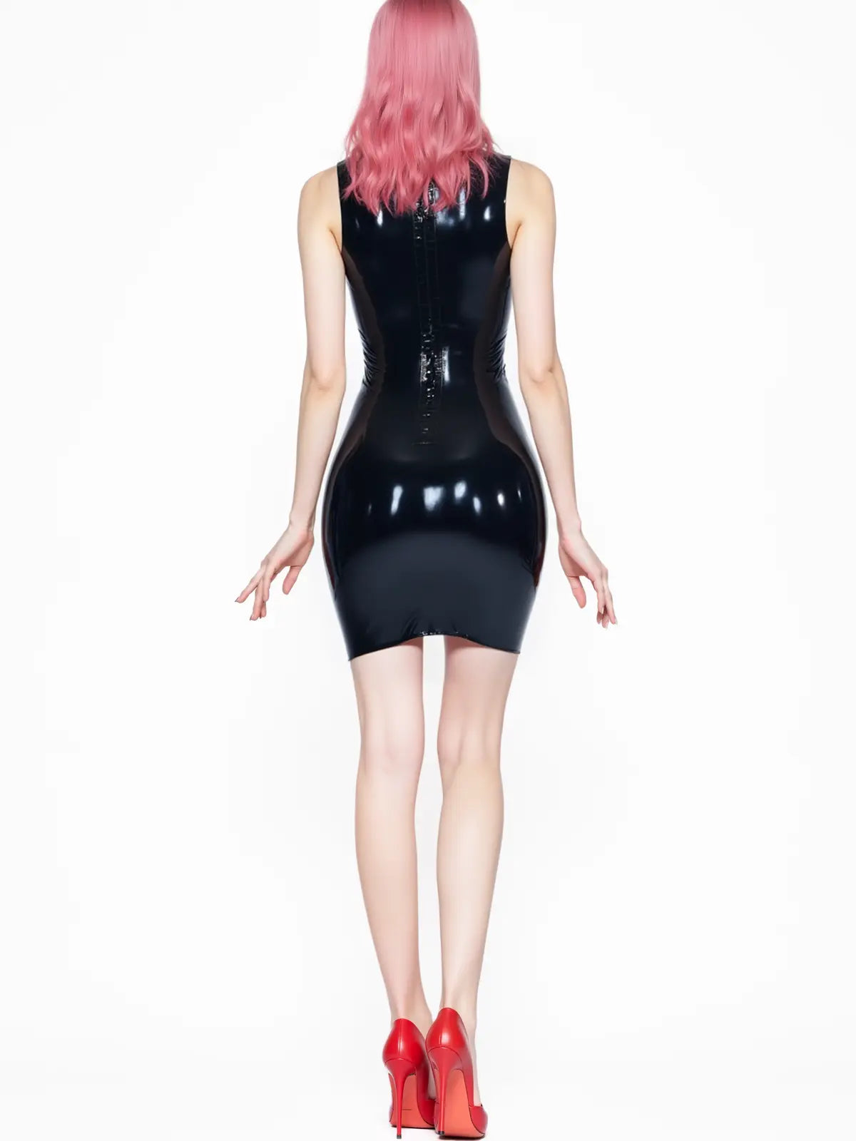 Black Latex Mini Dress — Ruched Texture, High Neck, Racerback