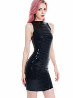 Black Latex Mini Dress — Ruched Texture, High Neck, Racerback