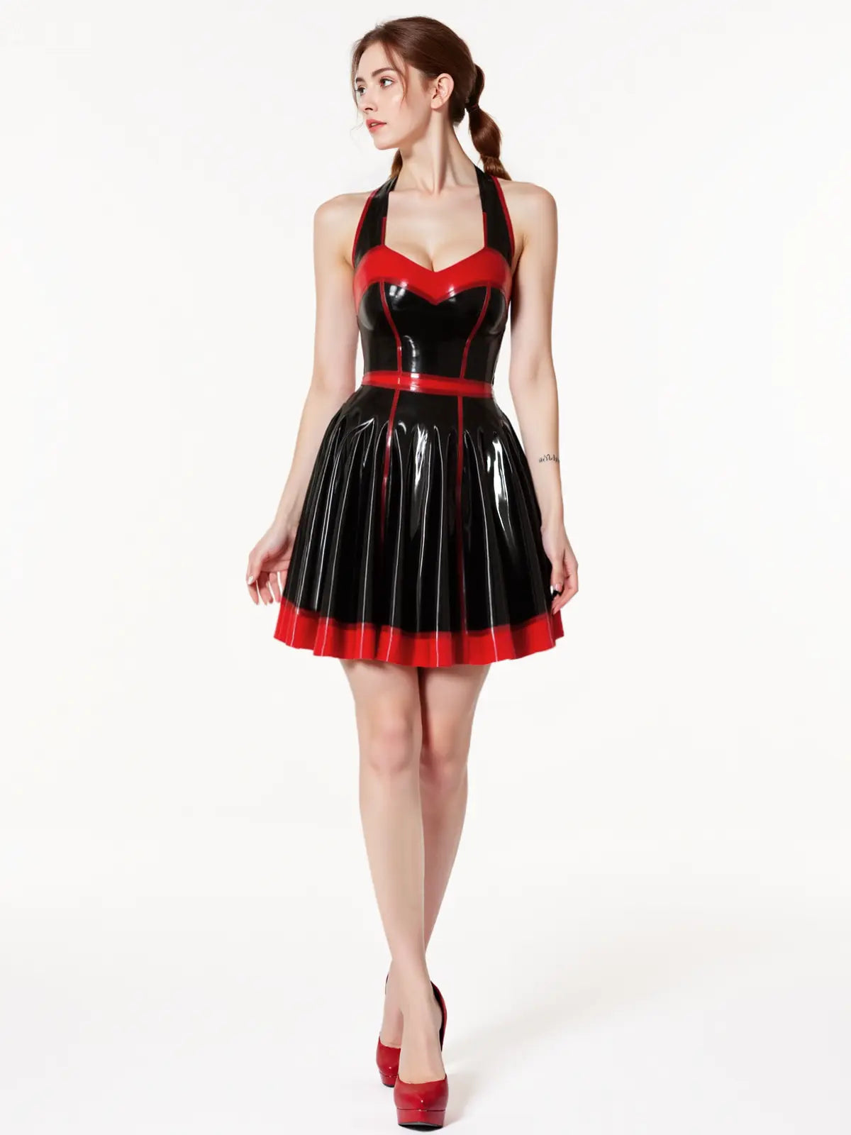 Black Latex Rockabilly Dress — Red Trim