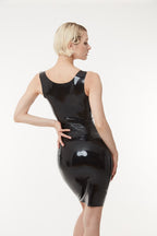 Black Latex V-Neck Pencil Skirt Dress