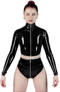 Black Latex Zipper Top — Long Sleeve, High Neck, Crop