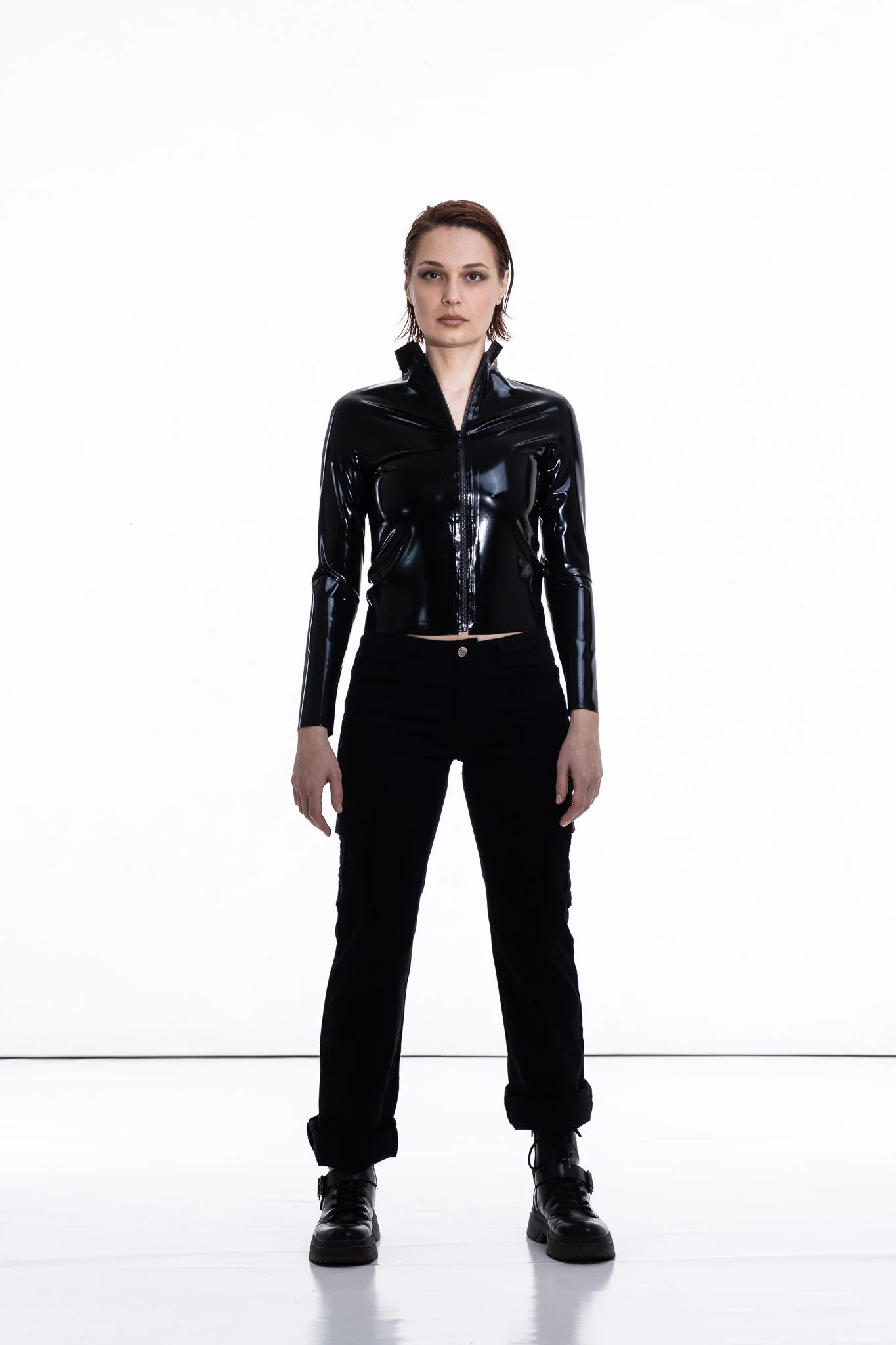 Black Long Sleeve Latex Jacket with YKK Front Zip