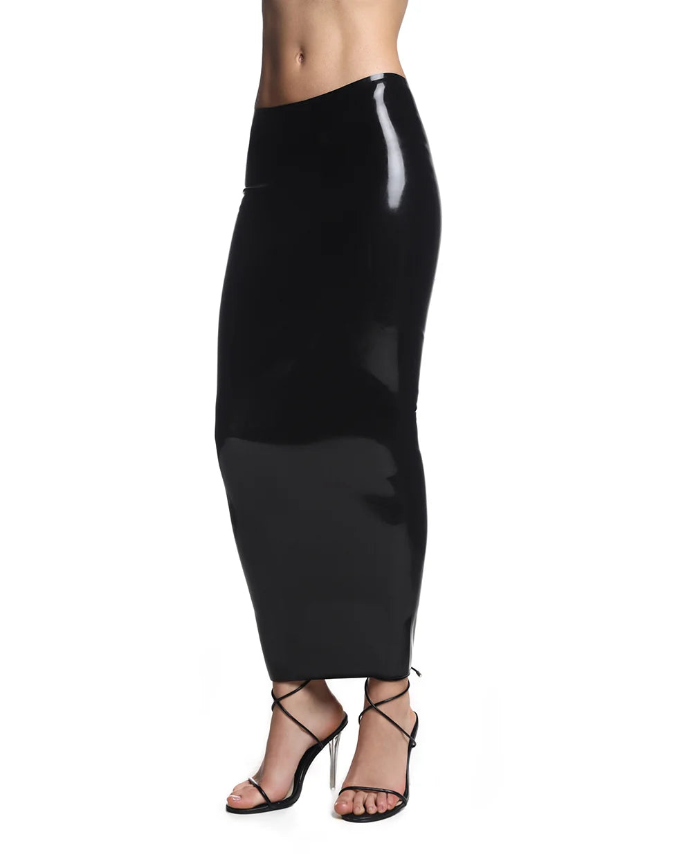 Black Sandra Low-Rise Latex Maxi Skirt with Back Zip