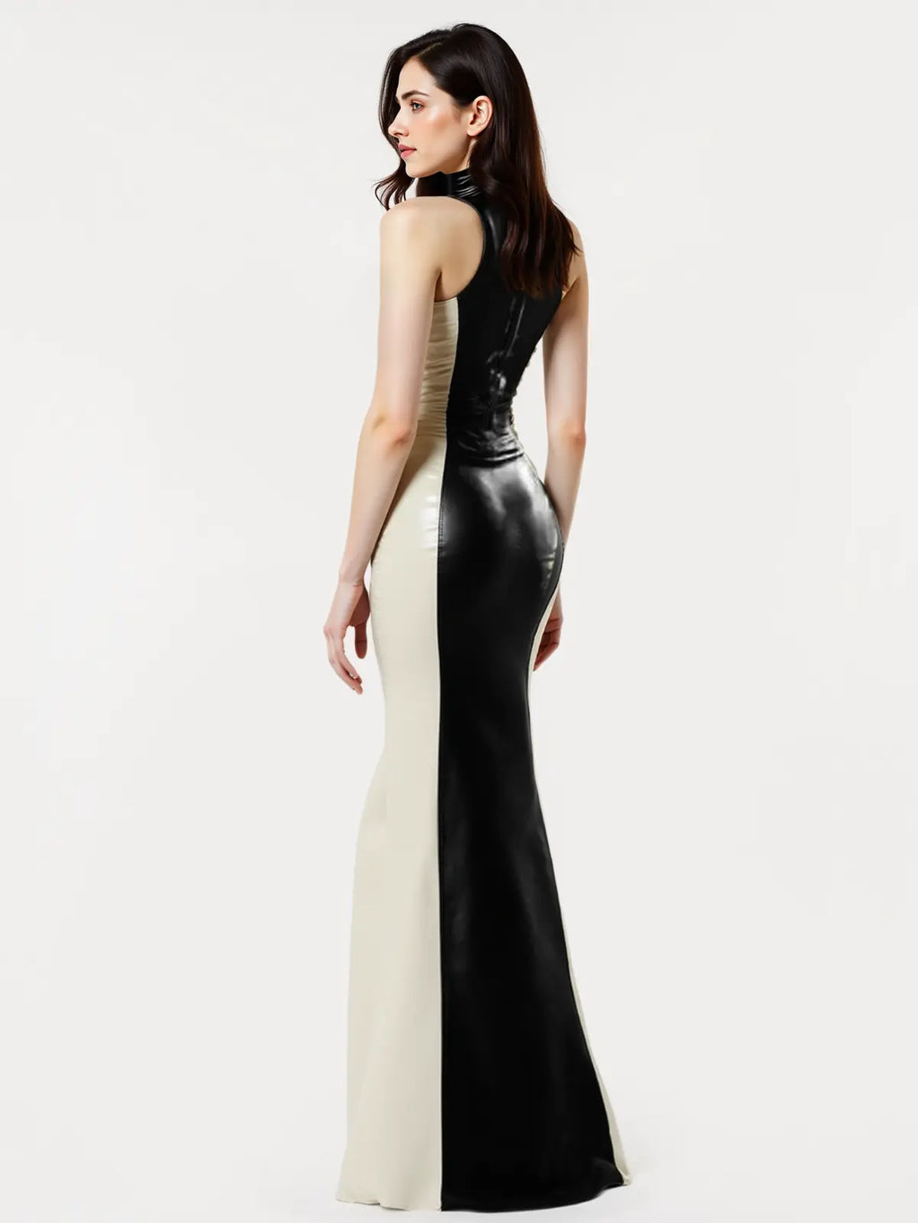 Black & White Latex Mermaid Gown — Panelled, Stand Collar, Sleeveless