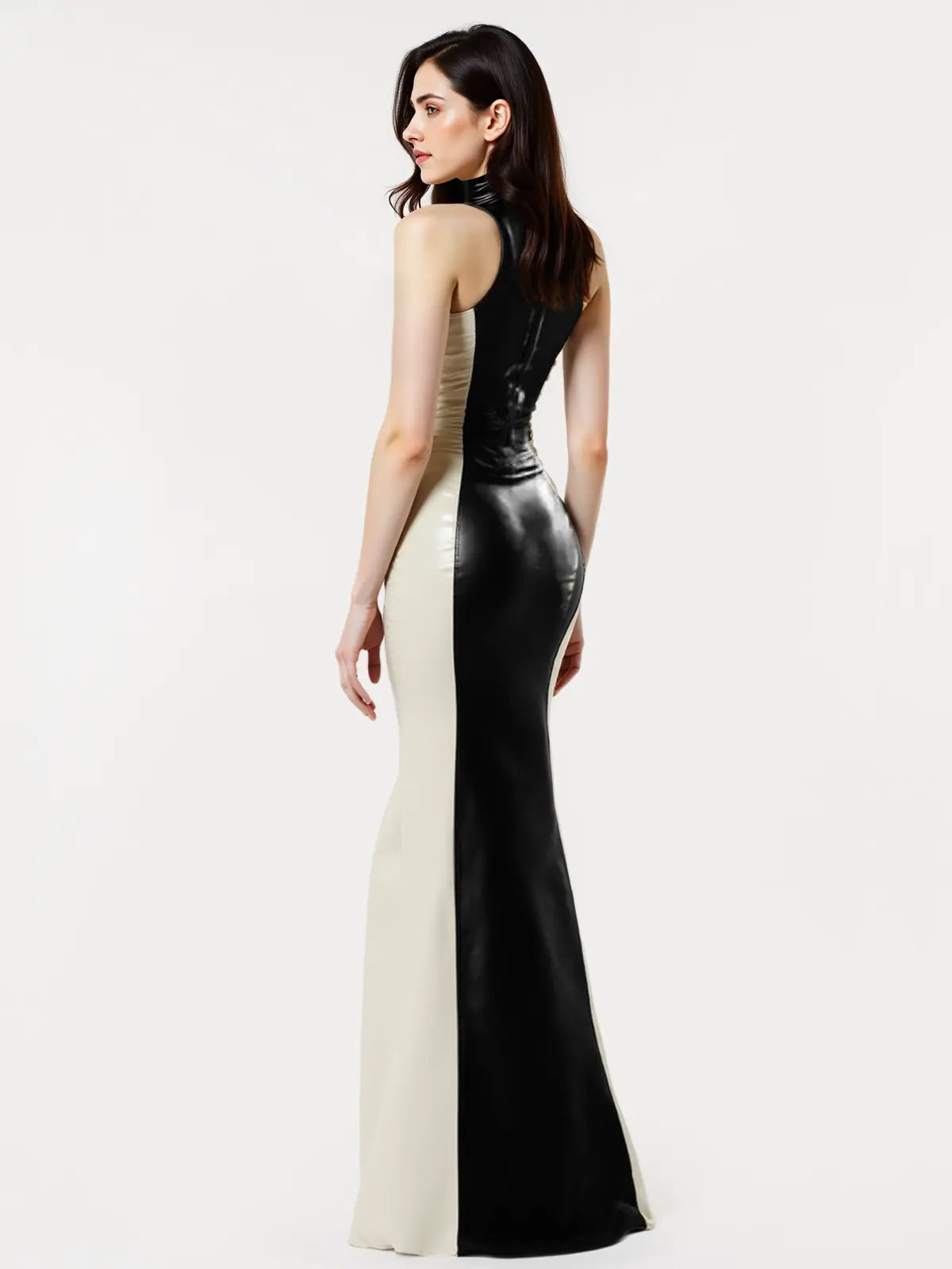 Black & White Latex Mermaid Gown — Panelled, Stand Collar, Sleeveless