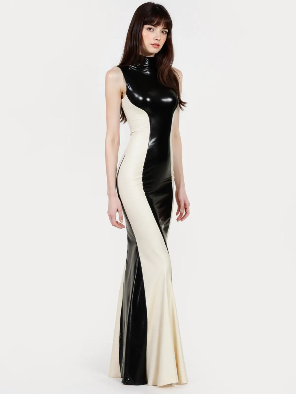 Black & White Latex Mermaid Gown — Panelled, Stand Collar, Sleeveless