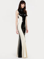 Black & White Latex Mermaid Gown — Panelled, Stand Collar, Sleeveless