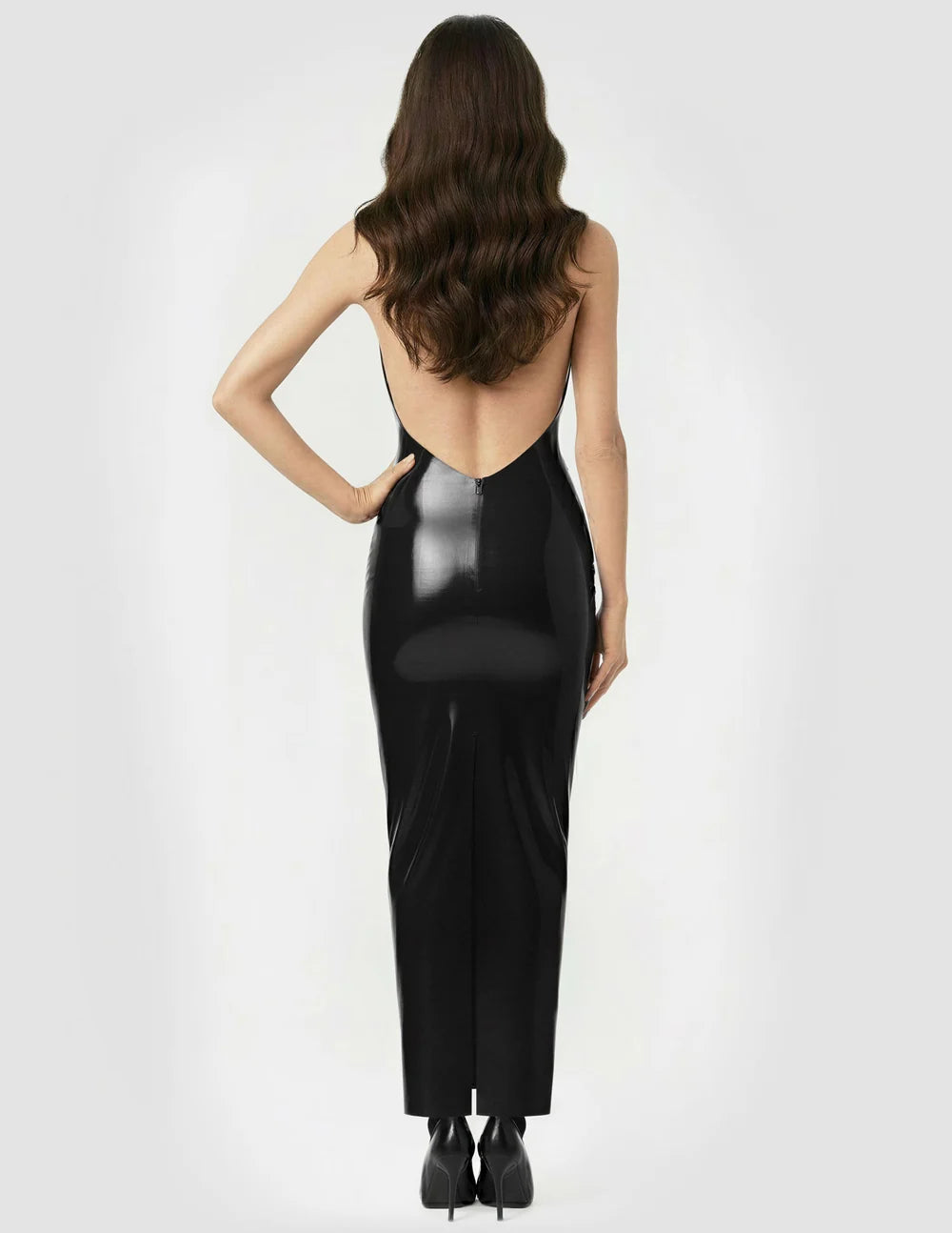 Black Wide-Strap Open-Back Latex Evening Dress