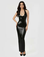 Black Wide-Strap Open-Back Latex Evening Dress