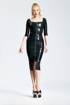 Black Front-zip Square-Cut Knee-Length Cocktail Latex Dress