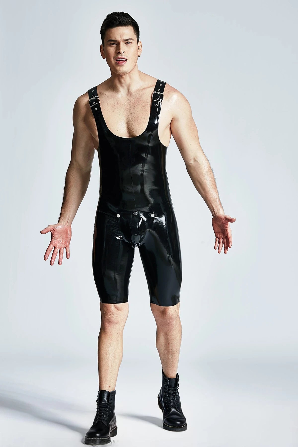 Black Male Latex Codpiece Shoulder Strap Cycling Suit