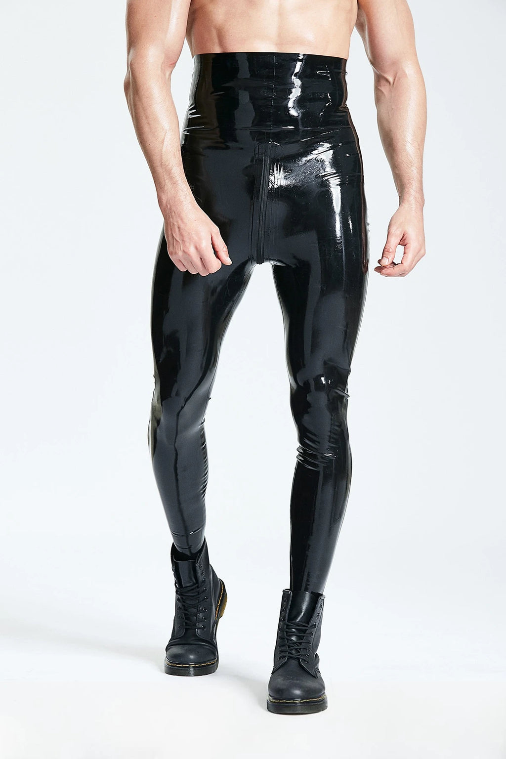 Black Male Latex High-Waisted Leggings With Zipper