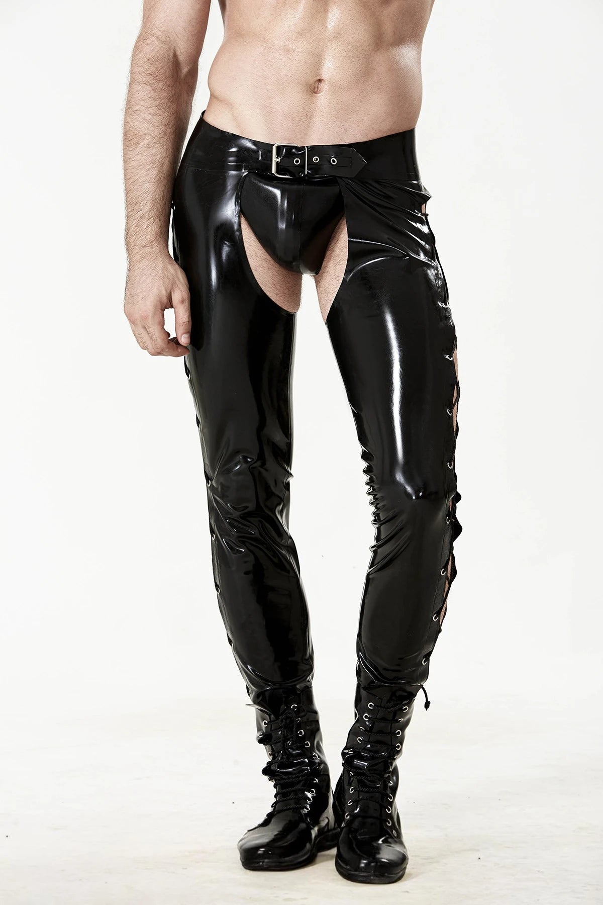 Black Male Latex Low-Waisted Slim-Cut Laced Chaps