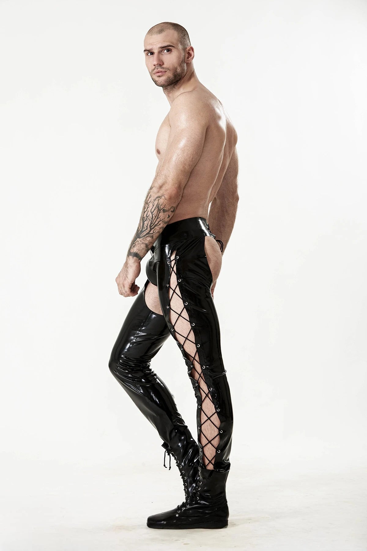 Black Male Latex Low-Waisted Slim-Cut Laced Chaps