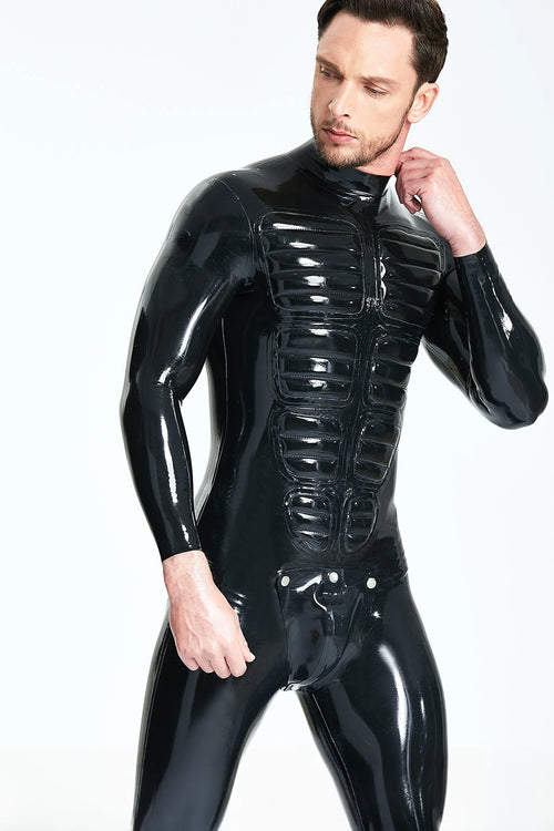 Black Male 'Muscle Chest' Codpiece Latex Catsuit