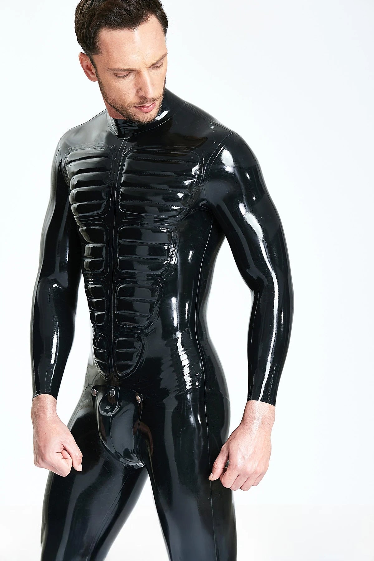 Black Male 'Muscle Chest' Codpiece Latex Catsuit