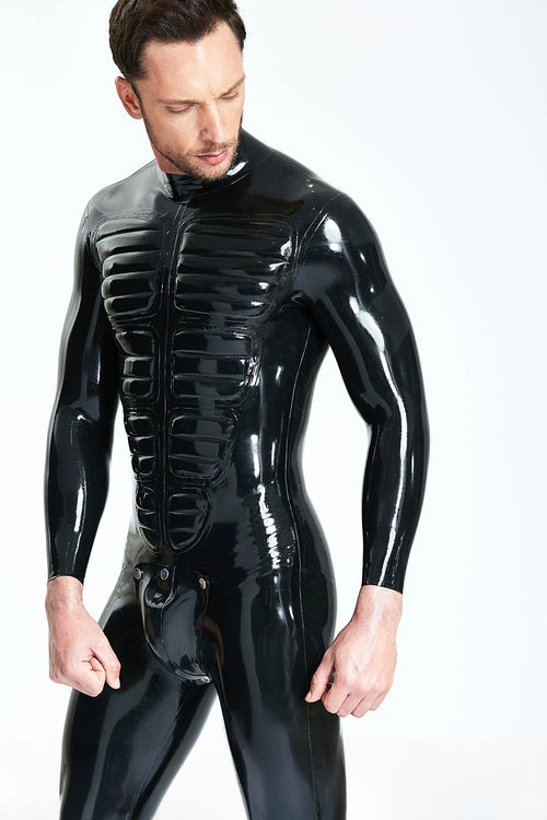 Black Male 'Muscle Chest' Codpiece Latex Catsuit