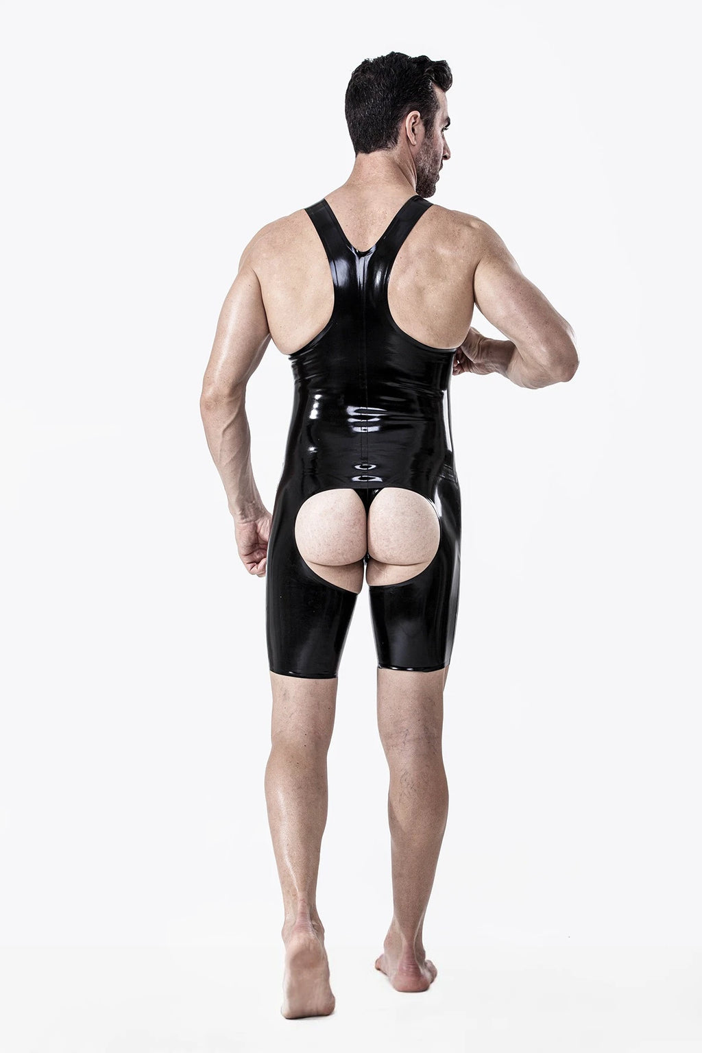 Black Male Open-Crotch Y-Strapped Singlet Latex Suit