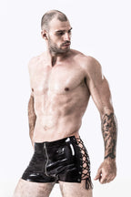 black Male Latex Side-laced Zip-front Shorts