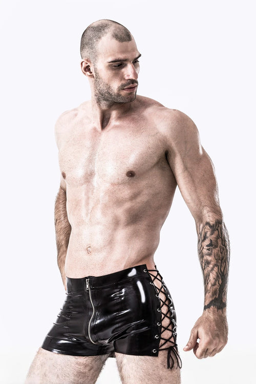 black Male Latex Side-laced Zip-front Shorts