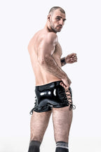black Male Latex Side-laced Zip-front Shorts