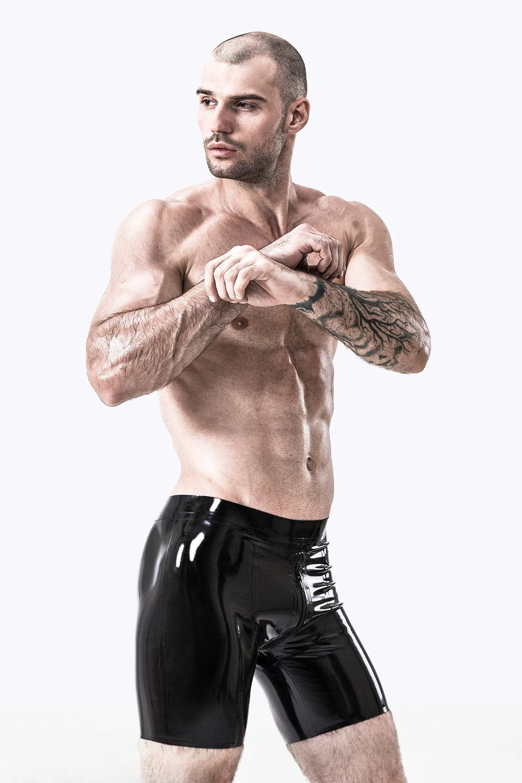 Black Male Latex Sportsman Style Front-zip Shorts