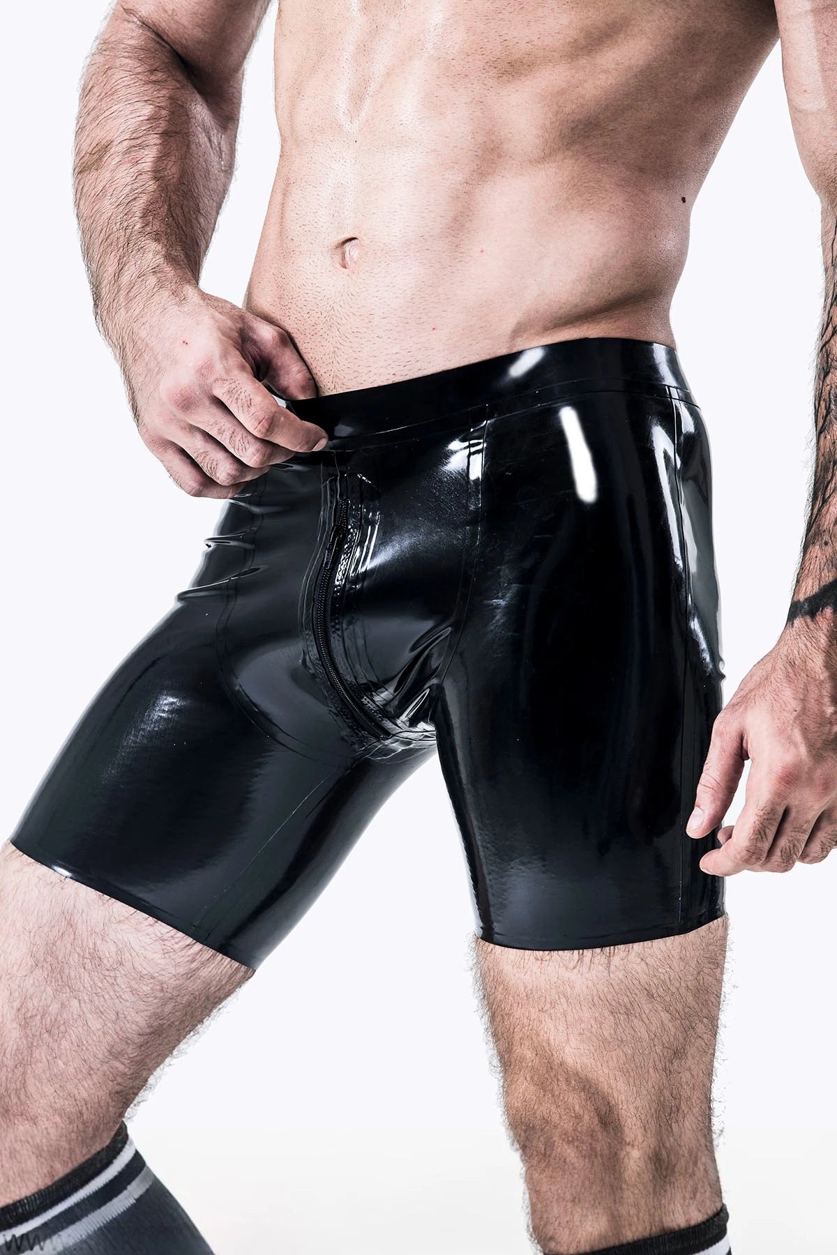 Black Male Latex Sportsman Style Front-zip Shorts