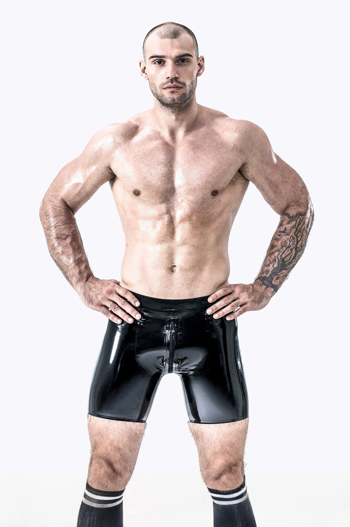Black Male Latex Sportsman Style Front-zip Shorts