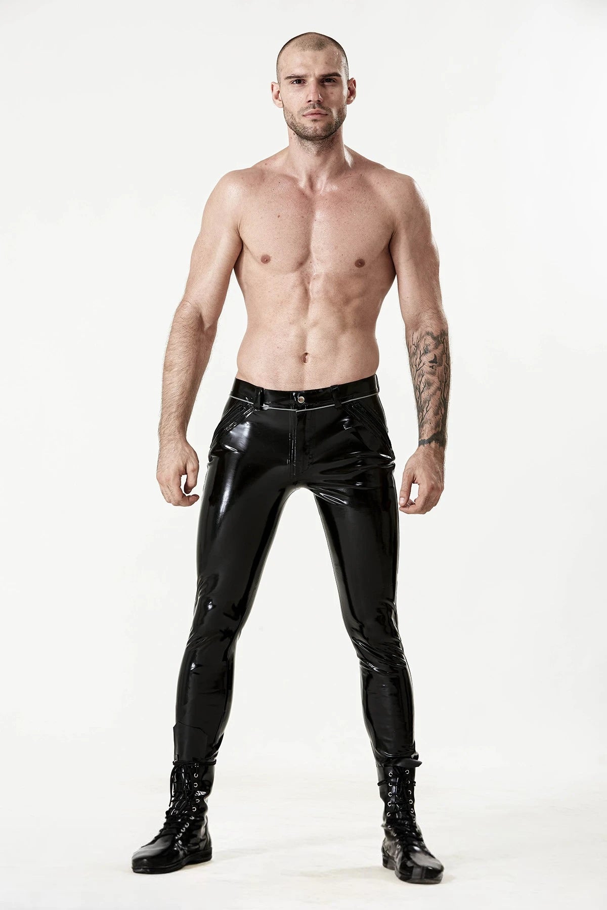 Black, second color is Metallic Silver Male Latex 'Cavalry' Striped Jeans