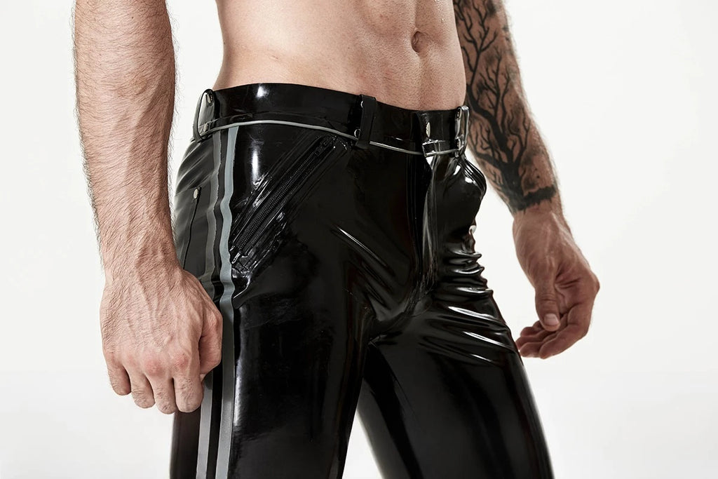 Black, second color is Metallic Silver Male Latex 'Cavalry' Striped Jeans