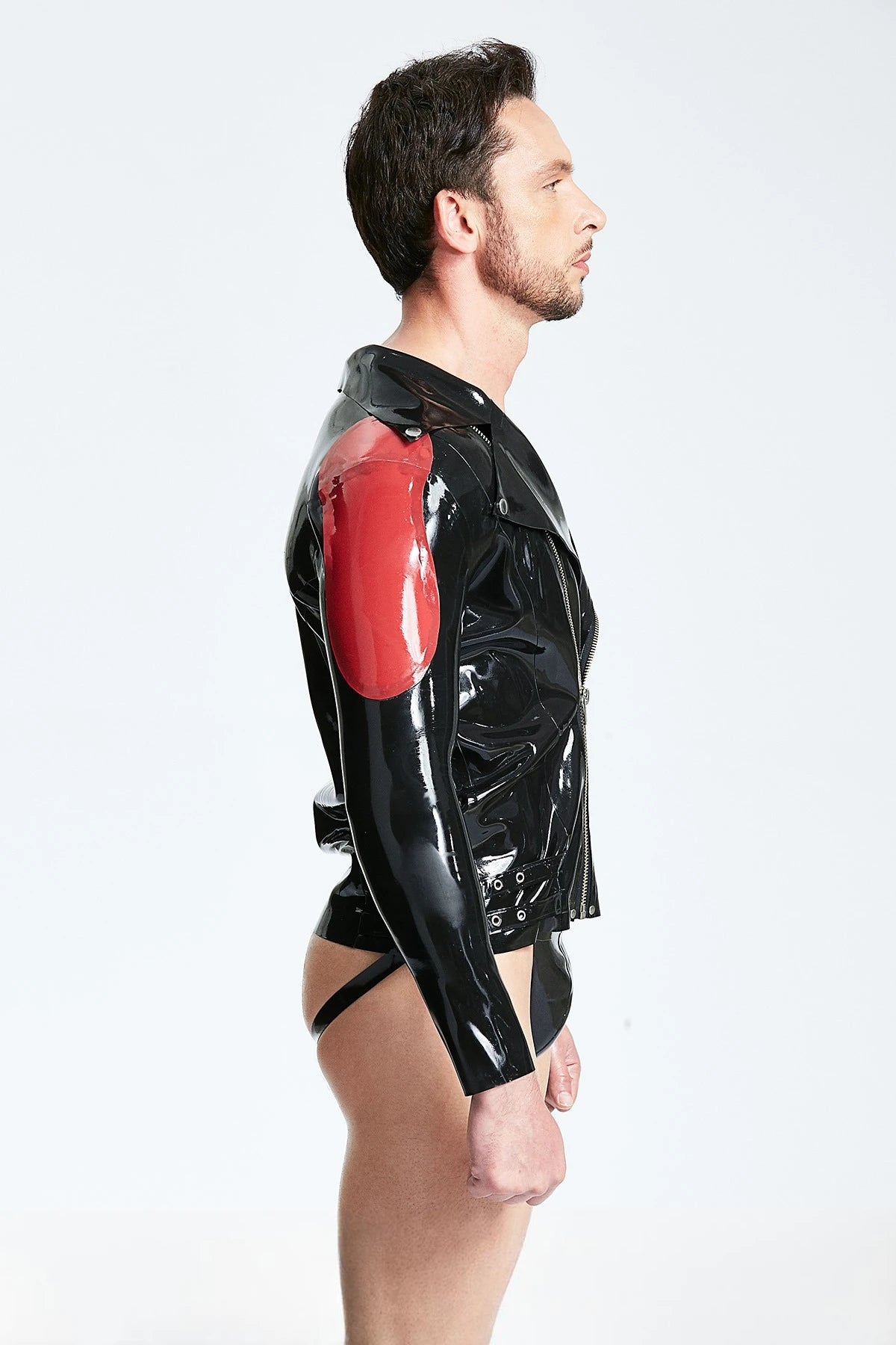 Black, second color is Red Male Zippered 'Biker' Latex Jacket