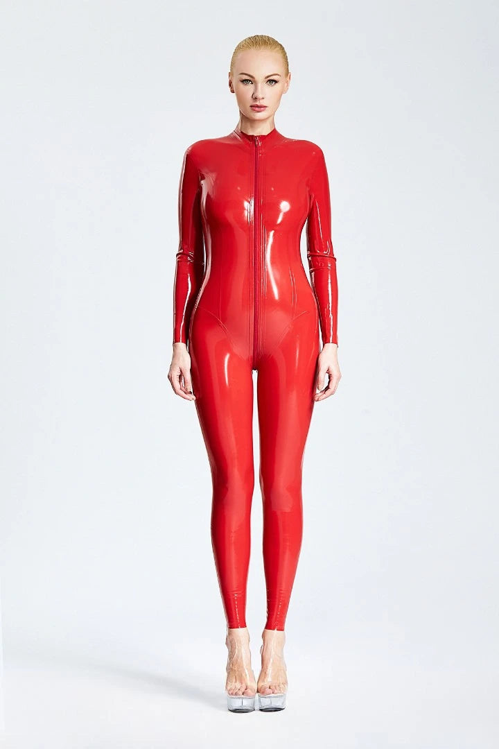Black & Red & Jade Green Standard Front Zip Latex Catsuit