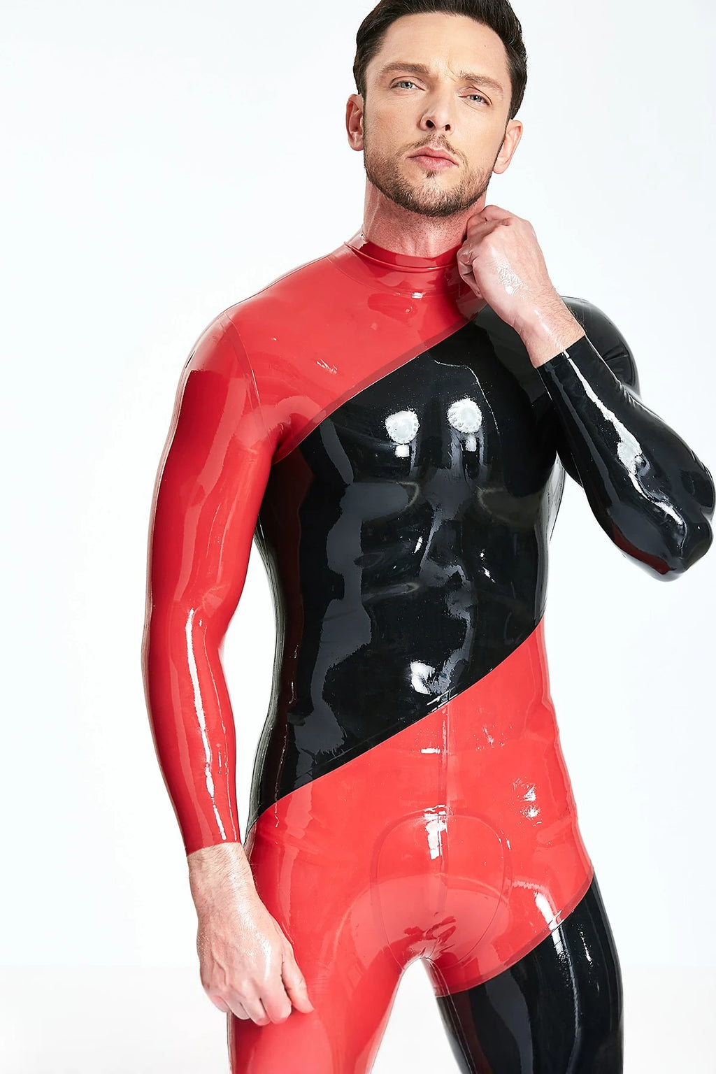 Black, secondary color is Red Male 'Spiral' Latex Catsuit