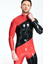 Black, secondary color is Red Male 'Spiral' Latex Catsuit