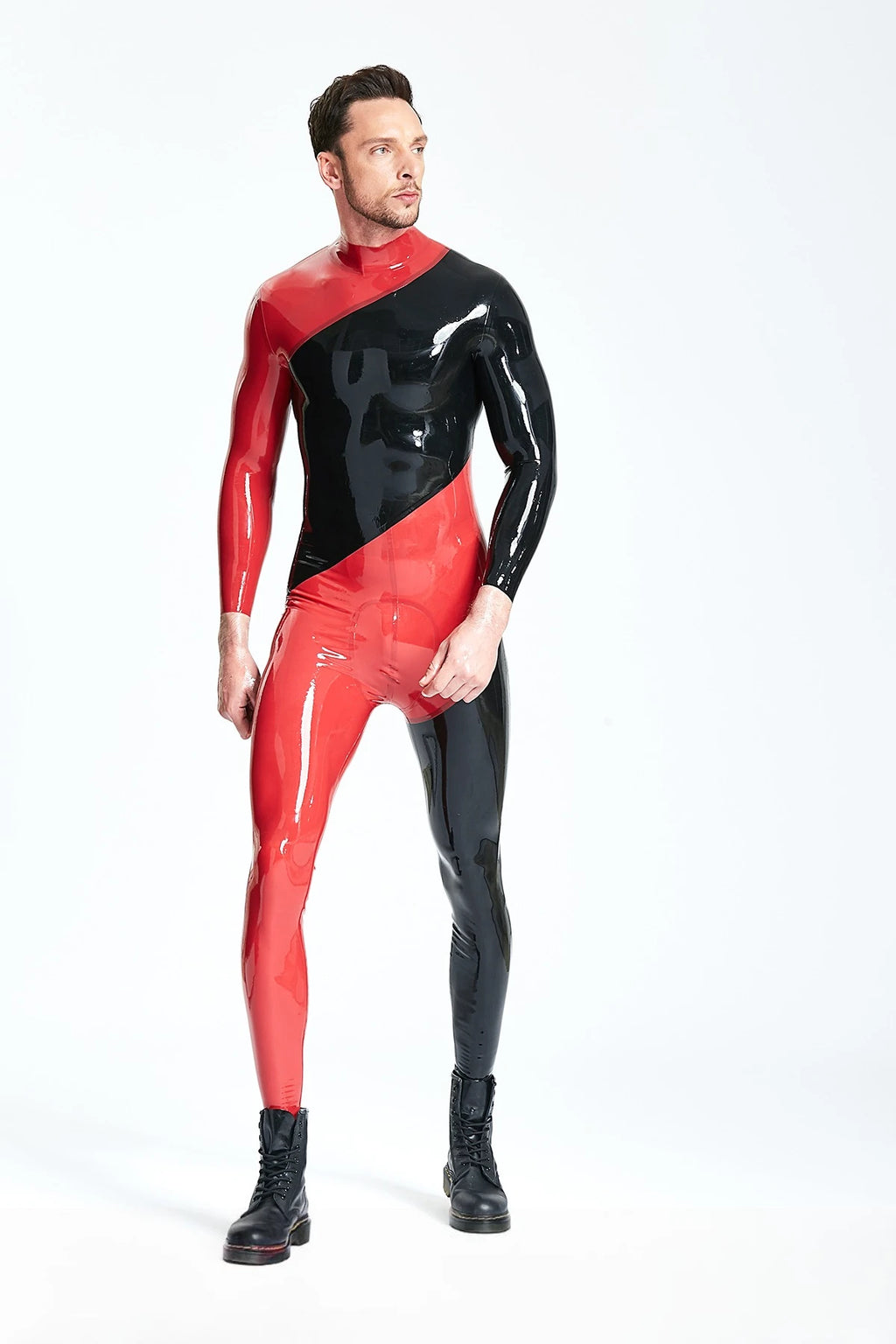 Black, secondary color is Red Male 'Spiral' Latex Catsuit