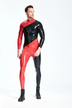 Black, secondary color is Red Male 'Spiral' Latex Catsuit
