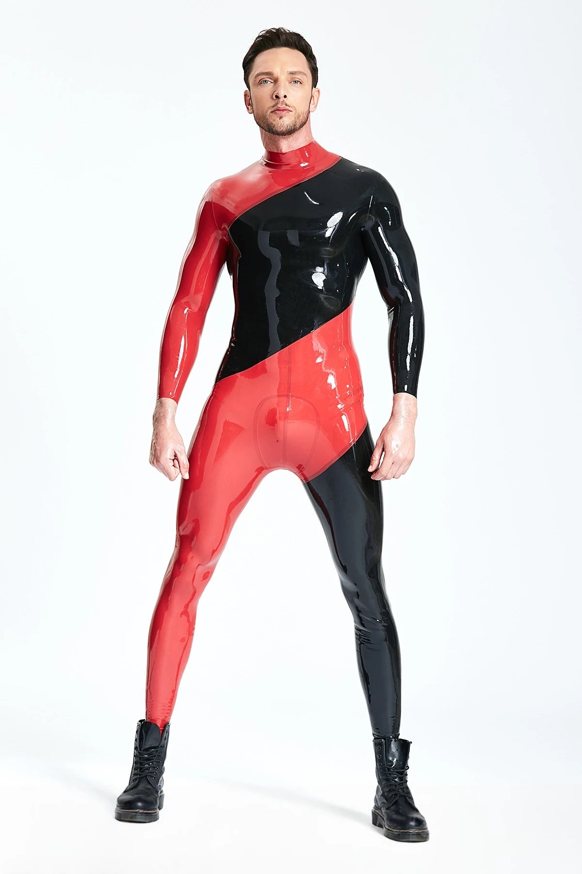 Black, secondary color is Red Male 'Spiral' Latex Catsuit