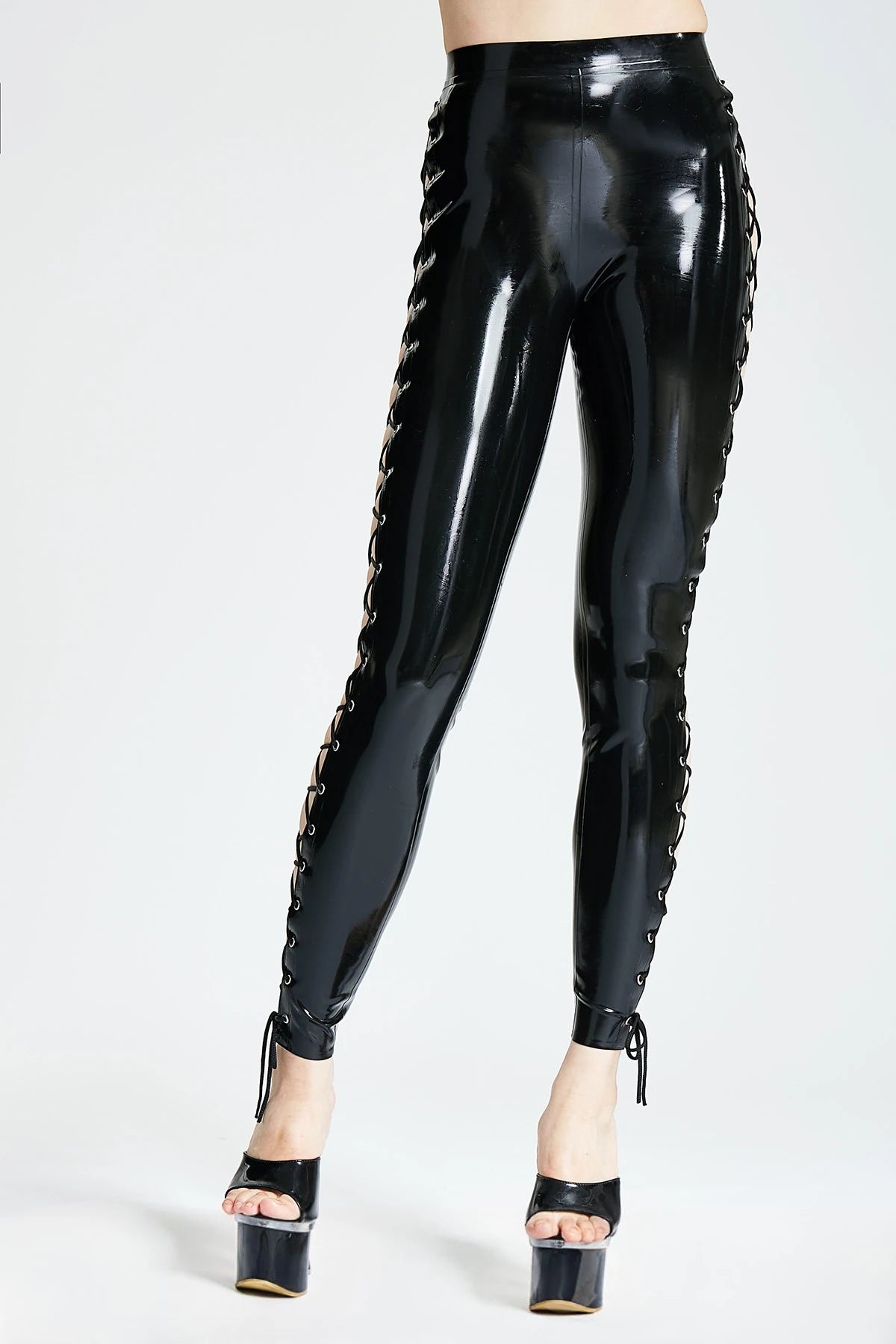 Black Side-Laced Latex Leggings