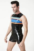 Black Male Multi-colored Stripes Sleeveless Latex T-Shirt