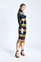 Black in 'Harmony' Horizontal Striped Maxi Latex Dress