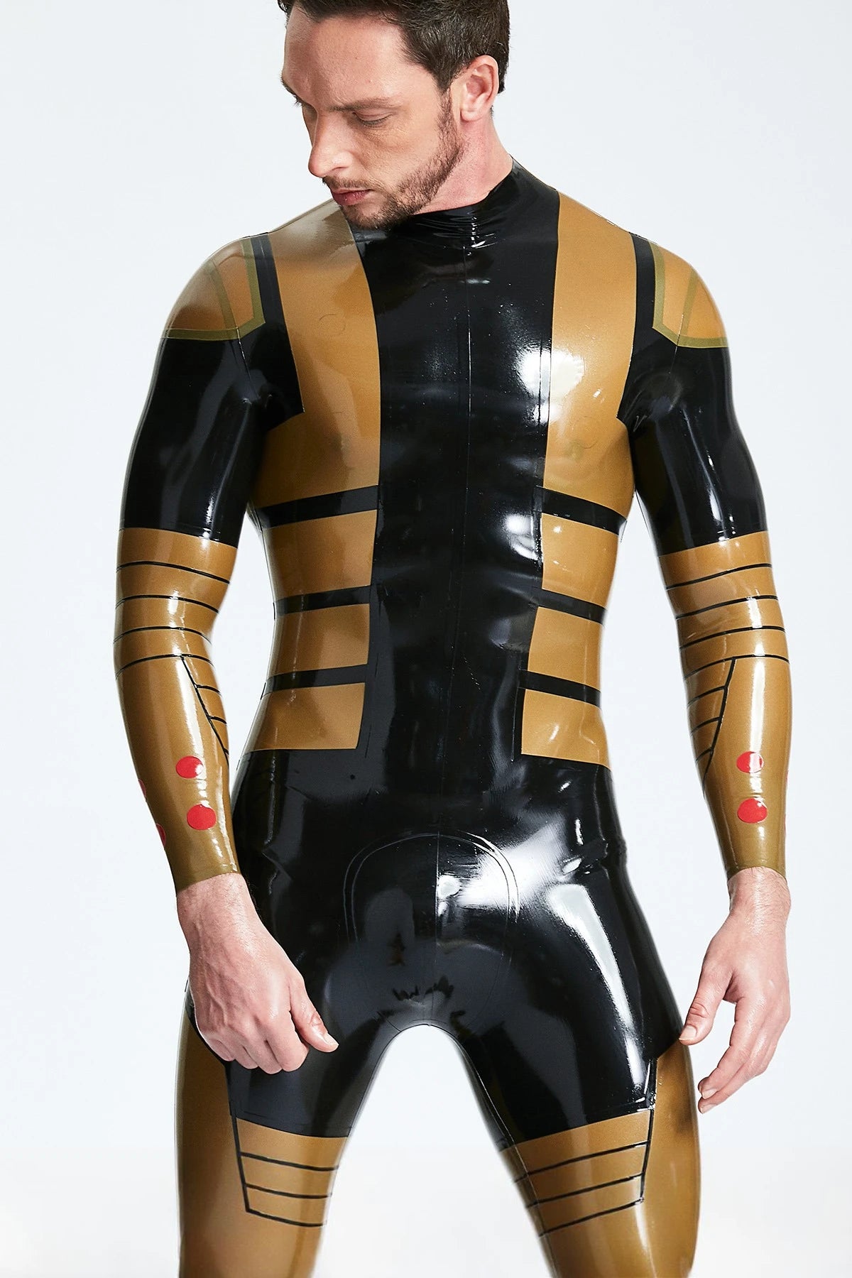 Black Male 'Blazing Gold' Back Zip Latex Catsuit