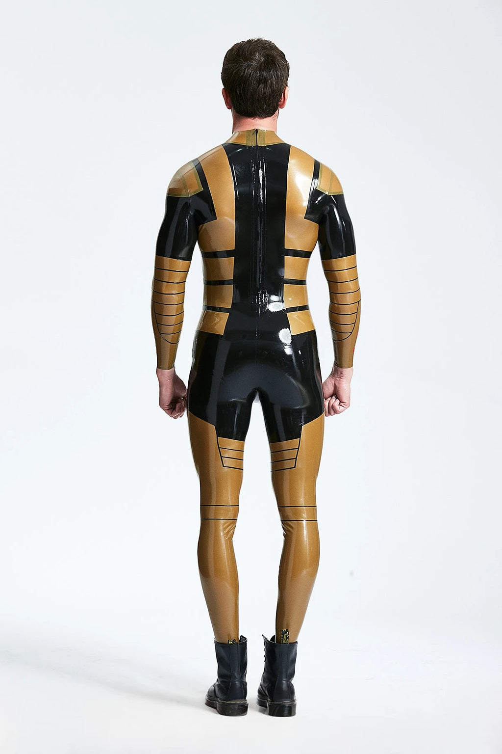Black Male 'Blazing Gold' Back Zip Latex Catsuit