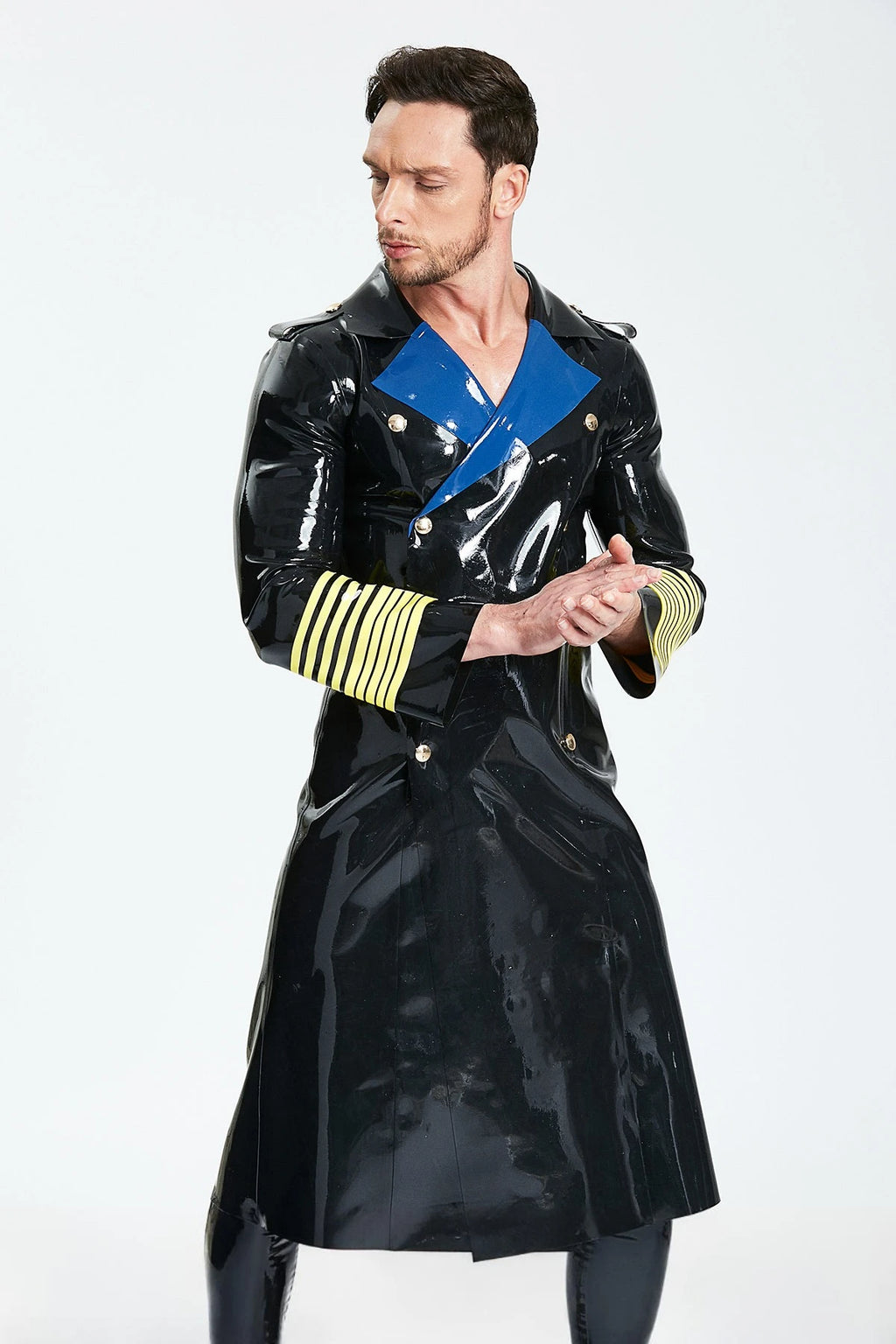 Black Male 'Hornblower' Knee-Length Latex Coat