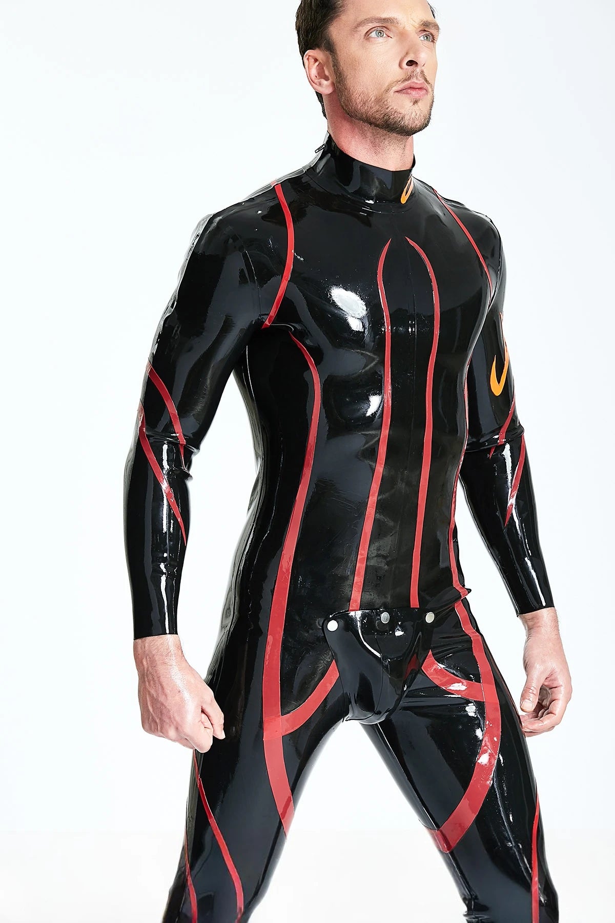 Black Male Shoulder-zip Codpiece Latex Catsuit