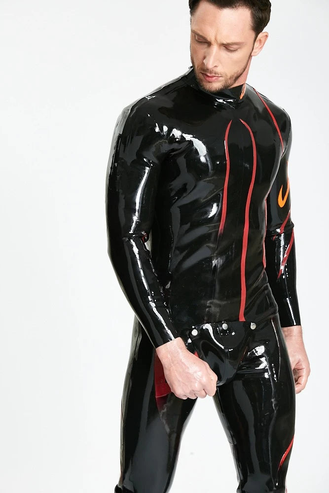 Black Male Shoulder-zip Codpiece Latex Catsuit