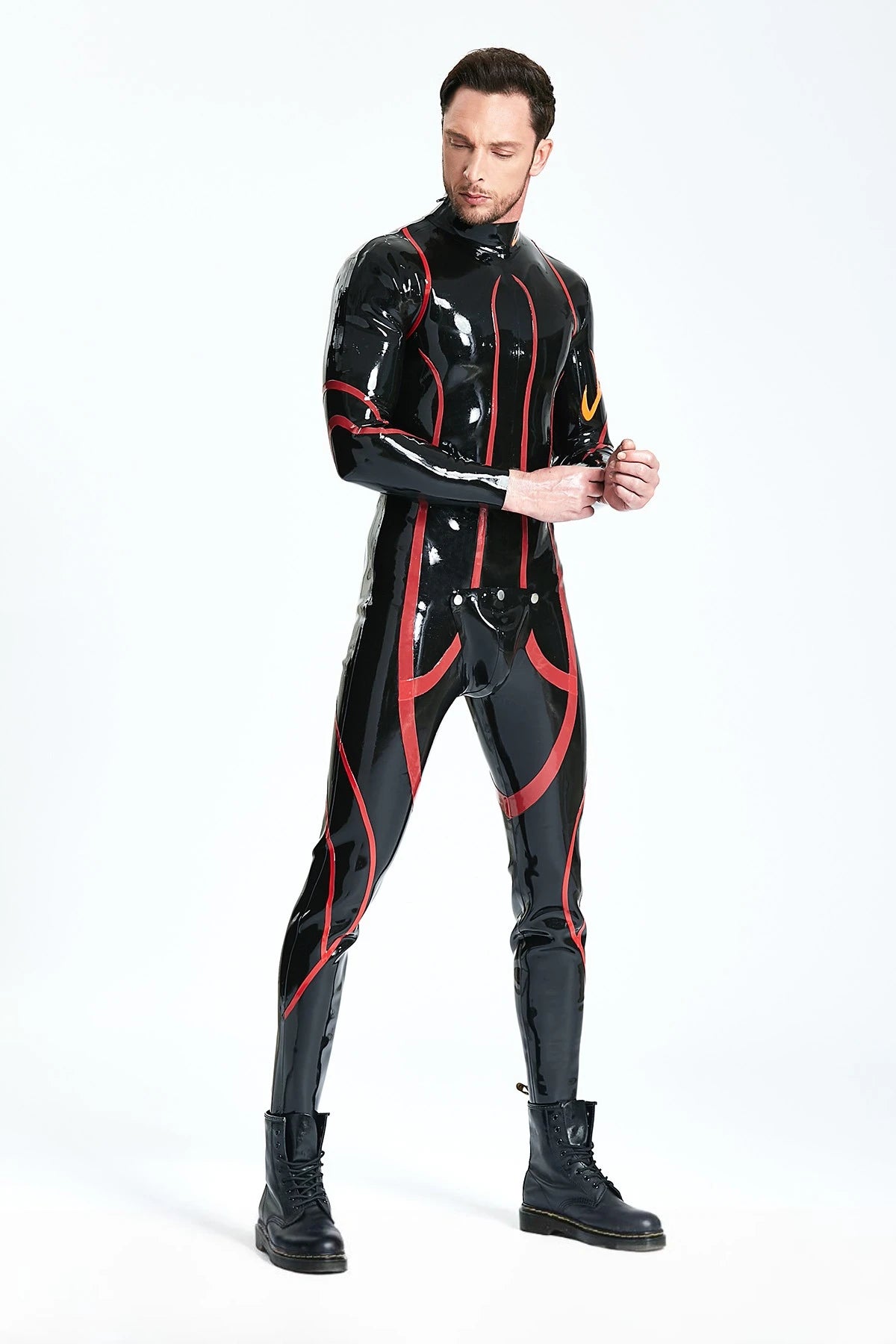 Black Male Shoulder-zip Codpiece Latex Catsuit