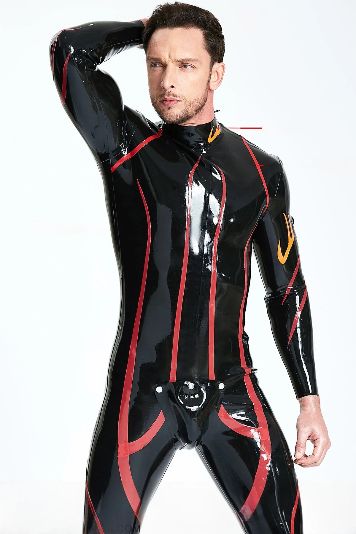 Black Male Shoulder-zip Codpiece Latex Catsuit