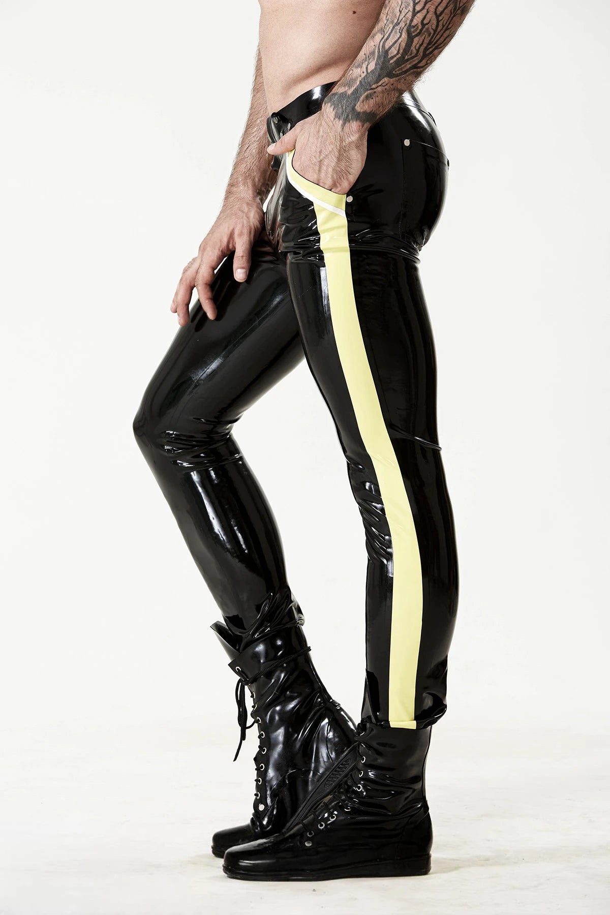 Black Male Latex Striped-Leg Jeans