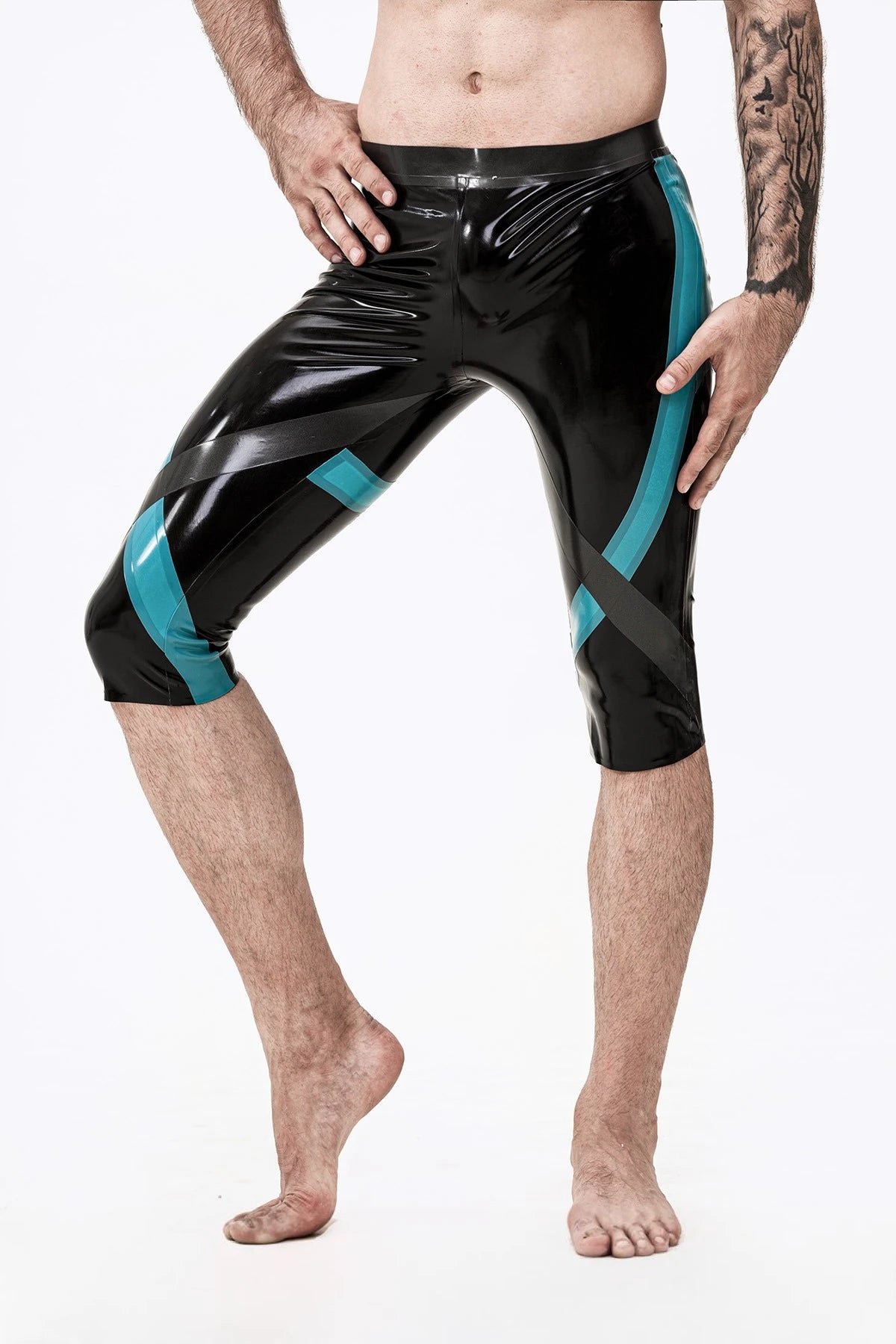 Black Male 'Crossways' Latex Knee-Length Latex Leggings