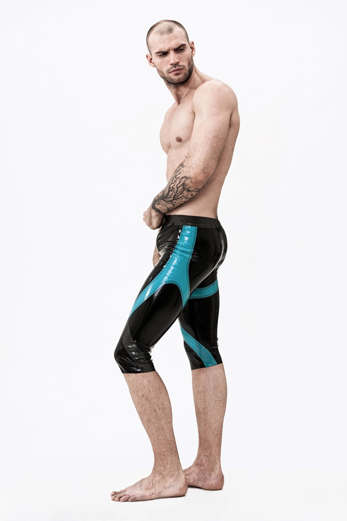 Black Male 'Crossways' Latex Knee-Length Latex Leggings